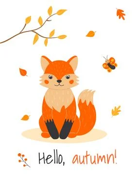 Vector illustration with cute fox, butterfly and leaf fall in cartoon style.. Stock Illustration