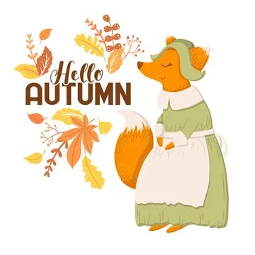 Vector illustration with cute fox character, lettering and autumn leaves is.. Stock Illustration