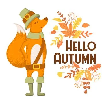 Vector illustration with cute fox character, lettering and autumn leaves is.. Stock Illustration