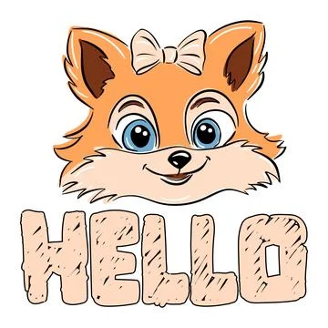 Vector illustration of cute fox face, head with Hello text isolated on white Illustrazione stock