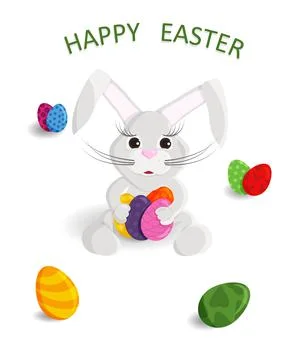 Vector Illustration of Cute Greeting Card of Happy Easter. Drawing with Bunny Stock Illustration