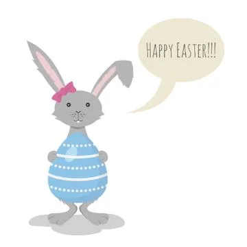Vector illustration of Cute Grey Easter Bunny holding Blue Easter Egg. Speech Stockillustratie