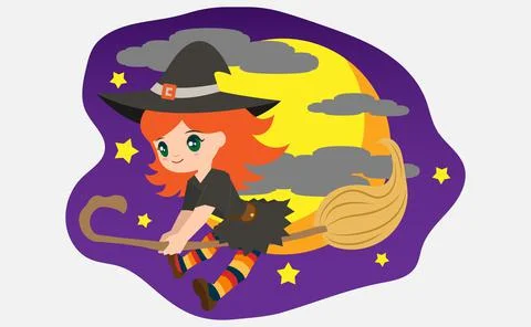 Vector illustration of cute halloween witch flying on broom. Stock Illustration