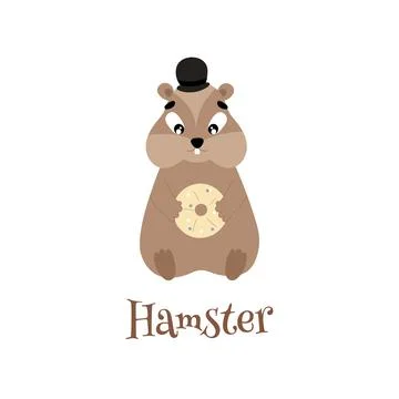 Vector illustration of a cute hamster in a hat who is holding a donut in his  Stock Illustration