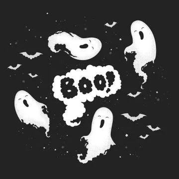 Vector illustration with cute hand drawn ghosts and lettering Boo isolated on Stock Illustration
