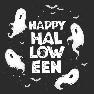 Vector illustration with cute hand drawn ghosts and lettering Happy Halloween Stock Illustration