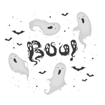 Vector illustration with cute hand drawn ghosts and lettering Boo isolated on Stock Illustration