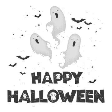 Vector illustration with cute hand drawn ghosts and lettering Happy Halloween Stock Illustration