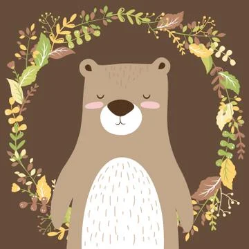 Vector illustration with cute hand drawn bear character and floral wreath iso Stock Illustration