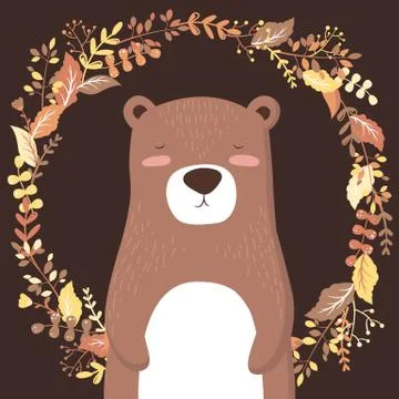 Vector illustration with cute hand drawn bear character and floral wreath iso Stock Illustration