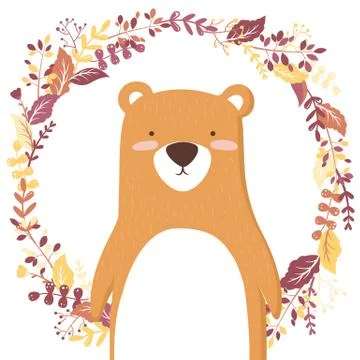 Vector illustration with cute hand drawn bear character and floral wreath iso Stock Illustration
