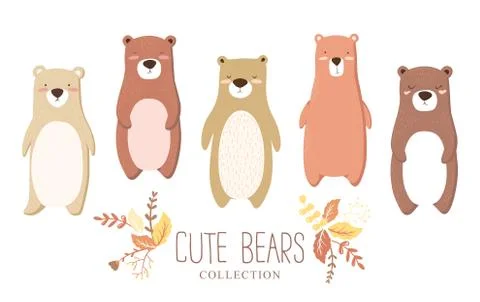 Vector illustration with cute hand drawn bears characters isolated on white back Stock Illustration