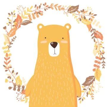 Vector illustration with cute hand drawn bear character and floral wreath iso Stockillustratie
