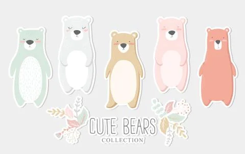 Vector illustration with cute hand drawn bears characters stickers isolated o Stock Illustration
