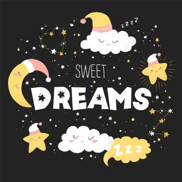 Vector illustration with cute hand drawn cartoon clouds, moon, stars and lett Stock Illustration