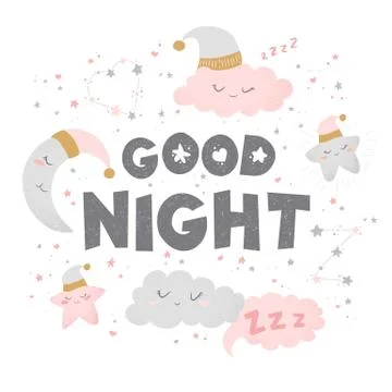 Vector illustration with cute hand drawn cartoon clouds, moon, stars and quot Stock Illustration