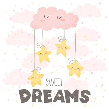 Vector illustration with cute hand drawn cartoon clouds, stars and lettering  Stock Illustration