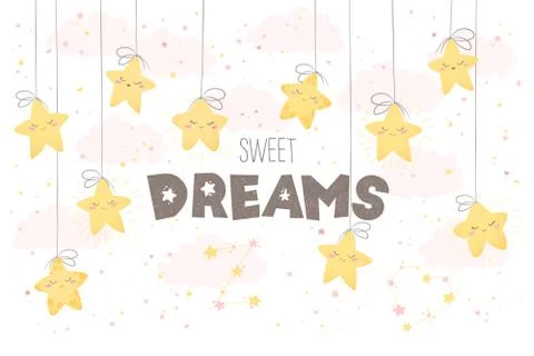 Vector illustration with cute hand drawn cartoon stars, clouds and phrase Swe Stock Illustration