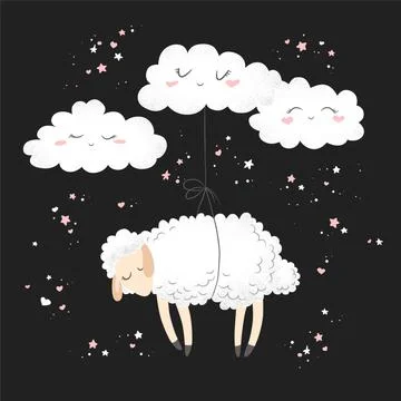Vector illustration with cute hand drawn cartoon sheep and clouds  isolated o Stock Illustration