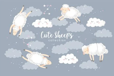 Vector illustration with cute hand drawn cartoon sheeps collection, clouds an Illustrazione stock