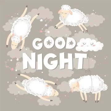 Vector illustration with cute hand drawn cartoon sheeps, clouds, stars and le Stock Illustration