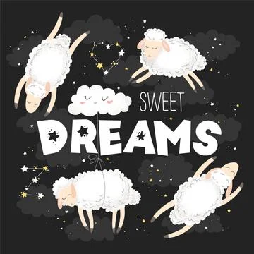 Vector illustration with cute hand drawn cartoon sheeps, clouds, stars and qu Stock Illustration