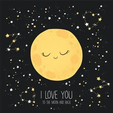 Vector illustration with cute hand drawn cartoon moon, stars and quote I love Stock Illustration