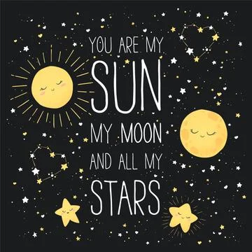 Vector illustration with cute hand drawn cartoon moon, sun, stars and quote Y Stock Illustration