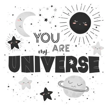 Vector illustration with cute hand drawn cartoon planet, sun, moon, stars and Ilustração Stock