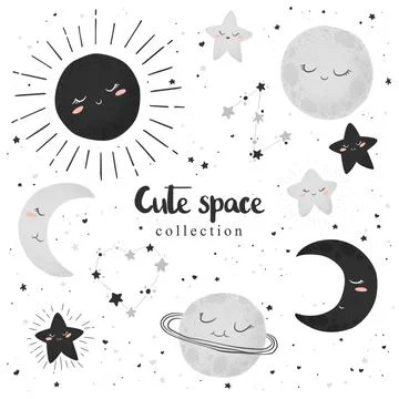 Vector illustration with cute hand drawn cartoon space objects collection sun Stock Illustration