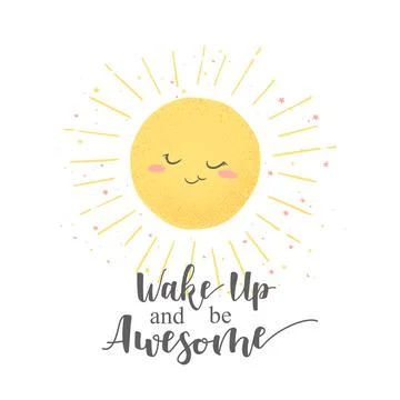 Vector illustration with cute hand drawn cartoon sun and lettering Wake up an Stock Illustration