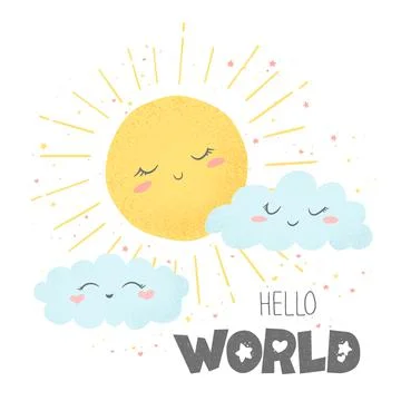 Vector illustration with cute hand drawn cartoon sun, clouds and lettering He Stock Illustration