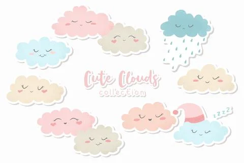 Vector illustration with cute hand drawn cartoon clouds stickers collection i Stock Illustration
