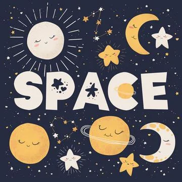 Vector illustration with cute hand drawn cartoon space objects collection sun Stock Illustration