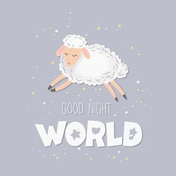 Vector illustration with cute hand drawn sheep and lettering Good night World Illustrazione stock