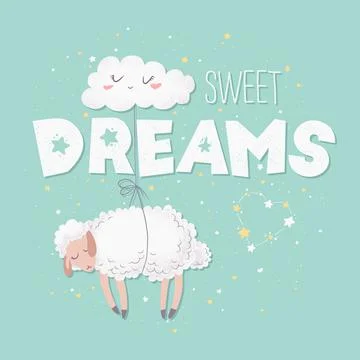 Vector illustration with cute hand drawn sheep, cloud and lettering Sweet dre Stock Illustration