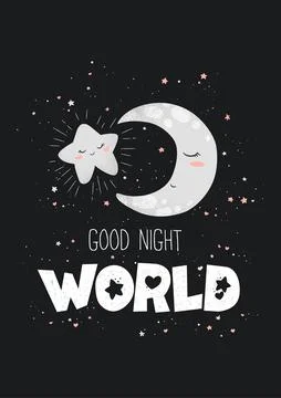 Vector illustration with cute hand drawn cartoon moon, star and lettering Goo Illustrazione stock