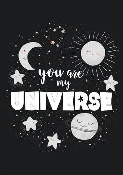 Vector illustration with cute hand drawn cartoon planet, sun, moon, stars and Stock Illustration