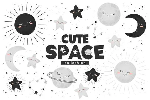 Vector illustration with cute hand drawn cartoon space objects collection sun Stock Illustration