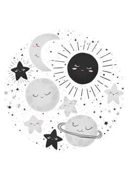 Vector illustration with cute hand drawn cartoon space objects sun, moon, pla Stock Illustration