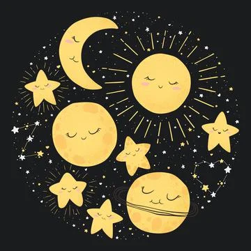 Vector illustration with cute hand drawn cartoon space objects frame  sun, mo Stock Illustration