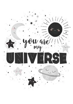 Vector illustration with cute hand drawn cartoon planet, sun, moon, stars and Stock Illustration
