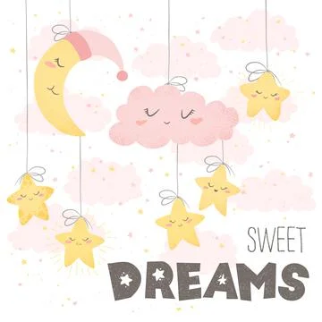 Vector illustration with cute hand drawn cartoon clouds, moon, stars and lett Stock Illustration