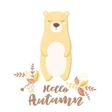 Vector illustration with cute hand drawn bear character and lettering Hello A Stock Illustration
