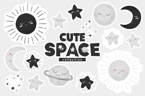 Vector illustration with cute hand drawn cartoon space stickers collection su Stock Illustration