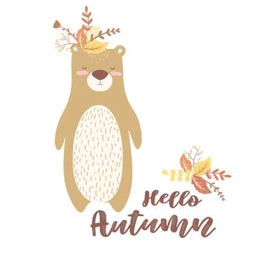 Vector illustration with cute hand drawn bear character and lettering Hello A Stock Illustration