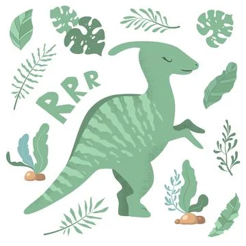 Vector illustration with cute hand drawn cartoon dinosaur, leaves and branc.. Stock Illustration