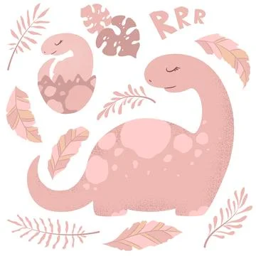 Vector illustration with cute hand drawn cartoon dinosaur, branches and lea.. Stock Illustration