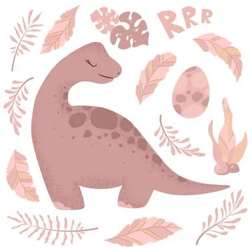 Vector illustration with cute hand drawn cartoon dinosaur, leaves and branc.. Stock Illustration