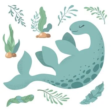 Vector illustration with cute hand drawn cartoon dinosaur, leaves and branc.. Stock Illustration
